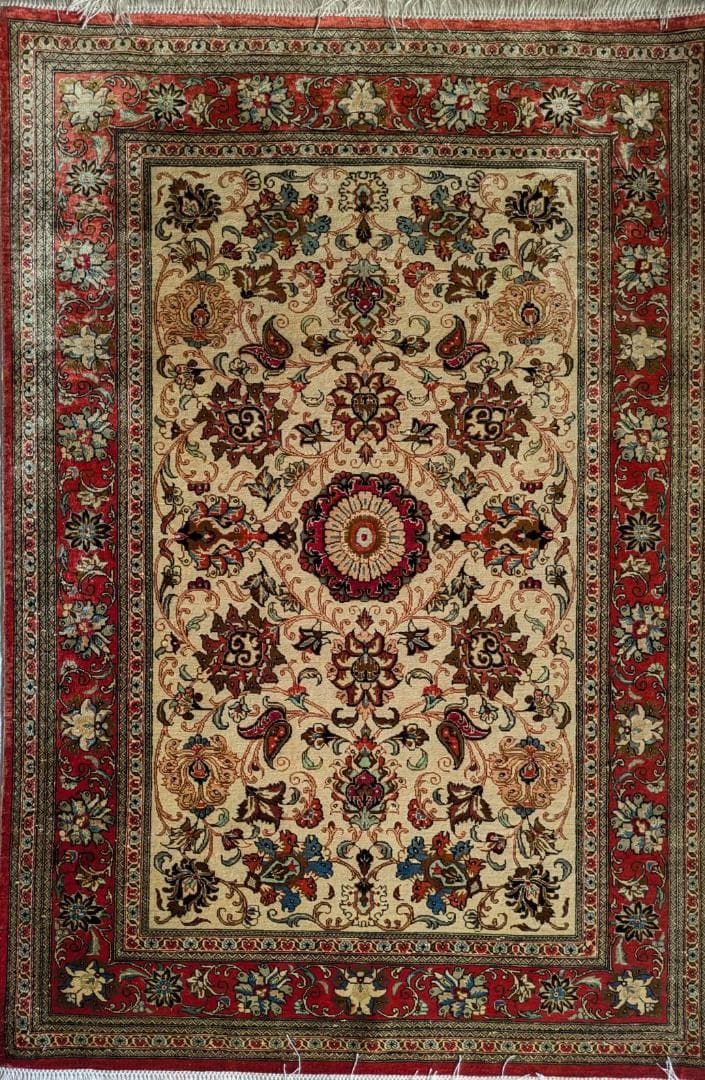 【正統派ペルシャ絨毯】カシャーン産　フラワーメダリオン　ピュアシルク　オールド