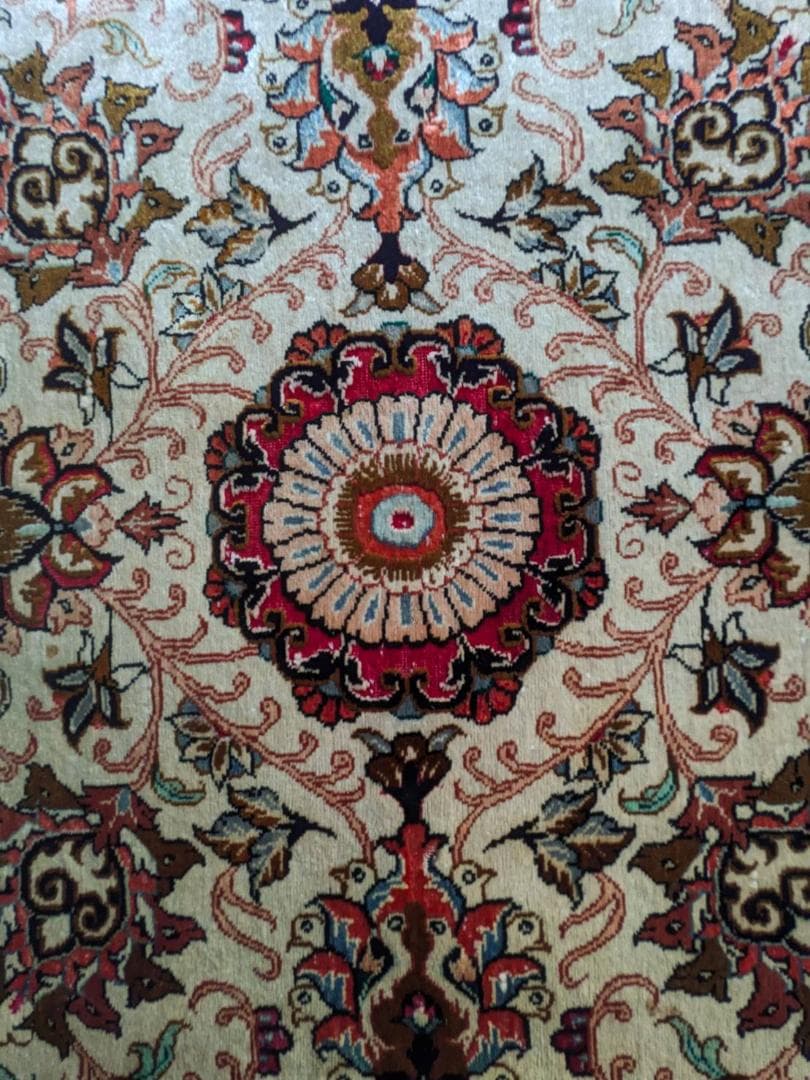 【正統派ペルシャ絨毯】カシャーン産　フラワーメダリオン　ピュアシルク　オールド