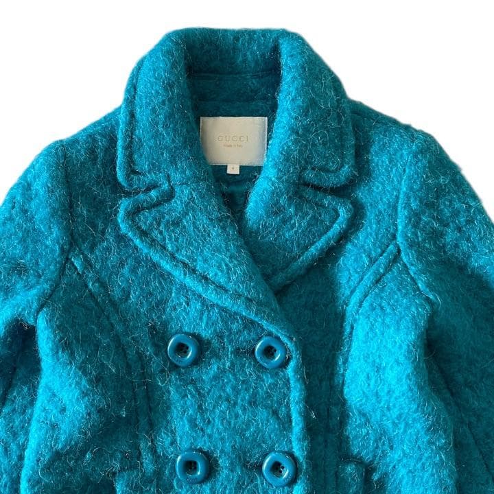 キッズ GUCCI グッチ Pコート モヘヤ混 ウール 8 ターコイズブルー