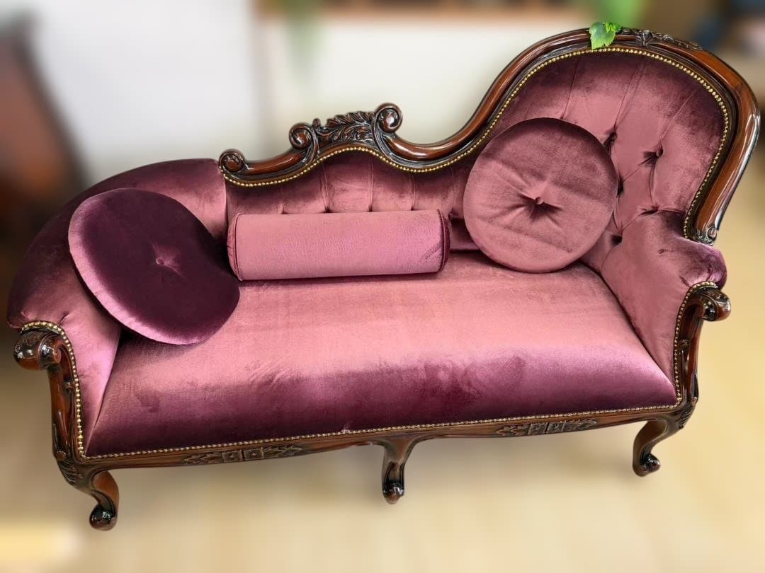 マホガニー　カウチソファ　シェーズロング　ピンク　ベルベット　ソファ　3人掛け