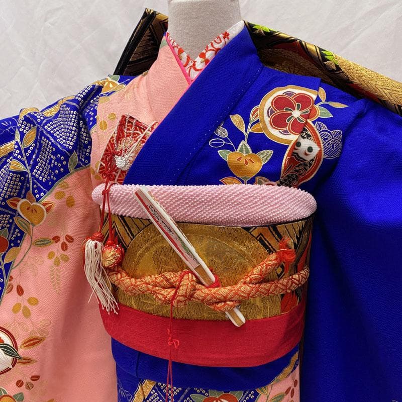411ag78◎七五三 七歳 女児 着物&袋帯&長襦袢 古典柄 金駒刺繍 青◎