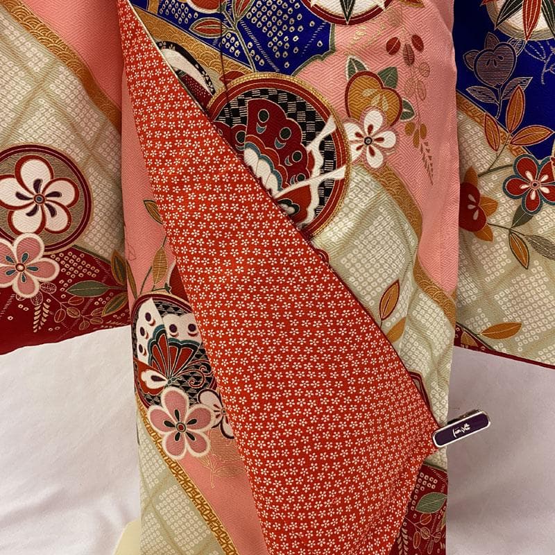 411ag78◎七五三 七歳 女児 着物&袋帯&長襦袢 古典柄 金駒刺繍 青◎