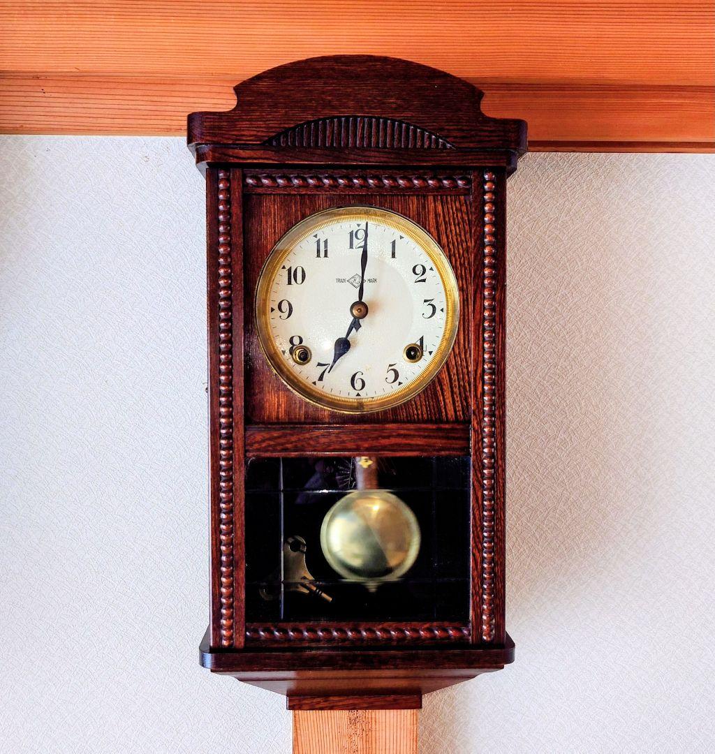 〈完動・美品〉今津菊次郎時計店菱ＫＩ印　筋硝子　宮型ゼンマイ振り子時計　古時計