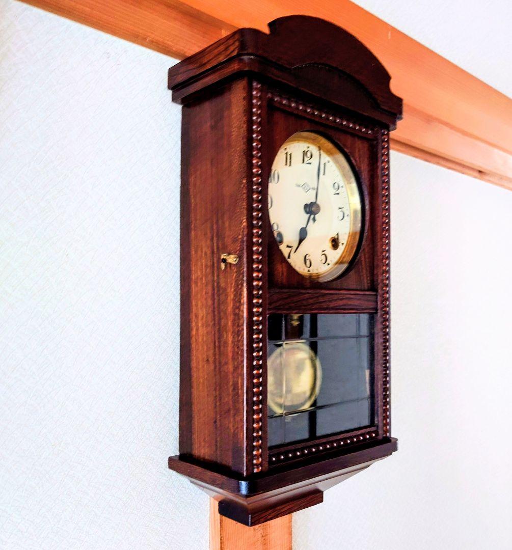 〈完動・美品〉今津菊次郎時計店菱ＫＩ印　筋硝子　宮型ゼンマイ振り子時計　古時計