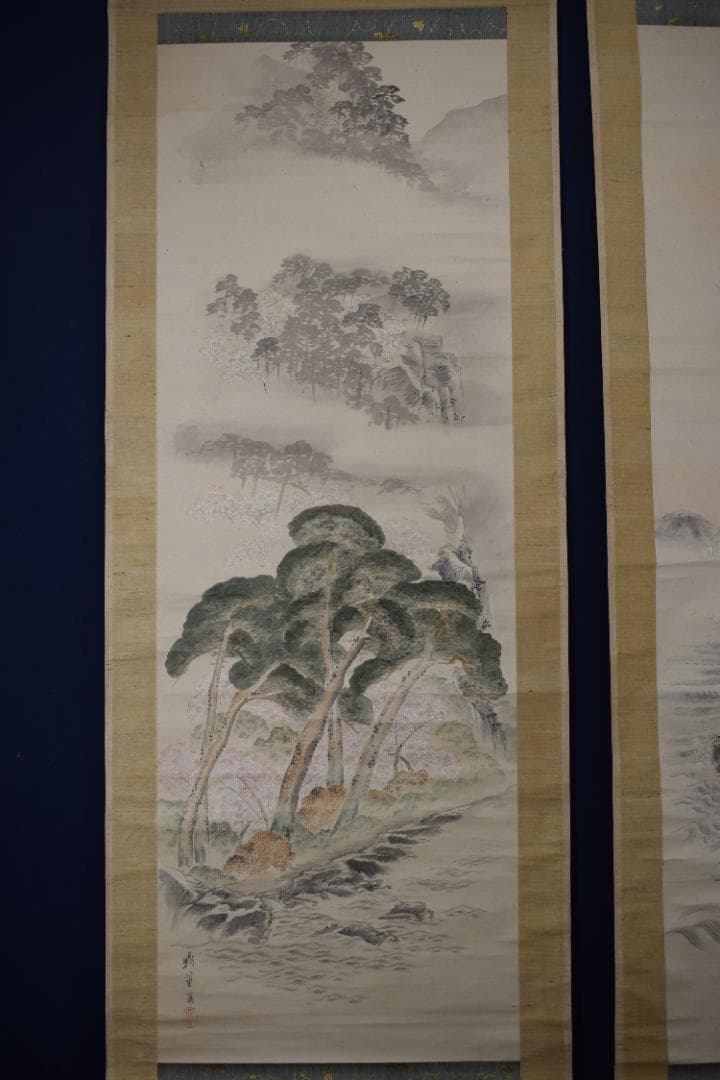 【真作】柴田義薫/春景嵐山山水図/高砂之図/双幅/掛軸☆宝船☆Y-962　JM