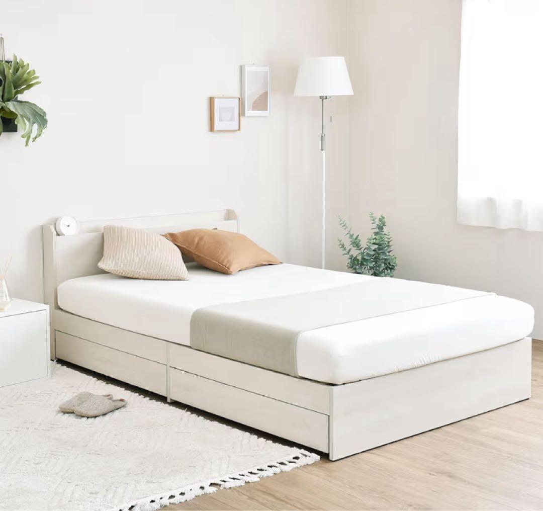 ホワイト ダブルベッドフレーム 引き出し付き