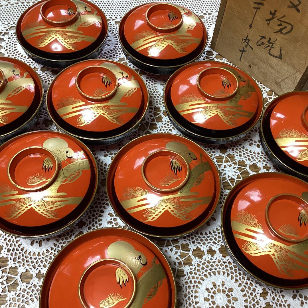 k2f18 漆器 蓋付き椀 セット 金色の鶴　10客