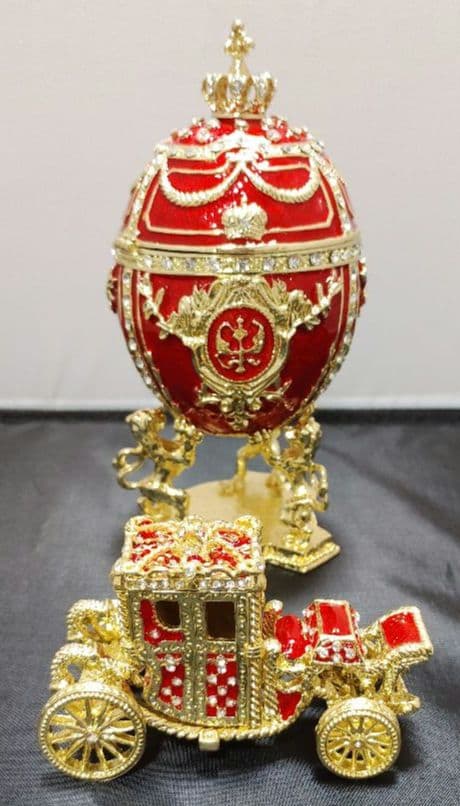 【美品】インペリアル・エッグ風 ジュエリーボックス レッドと馬車　エナメル置物