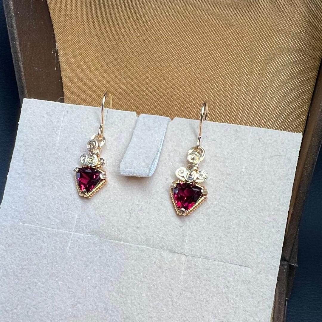 天然石　ロードライトガーネット　ワイヤーラッピング　ピアス　14kgf