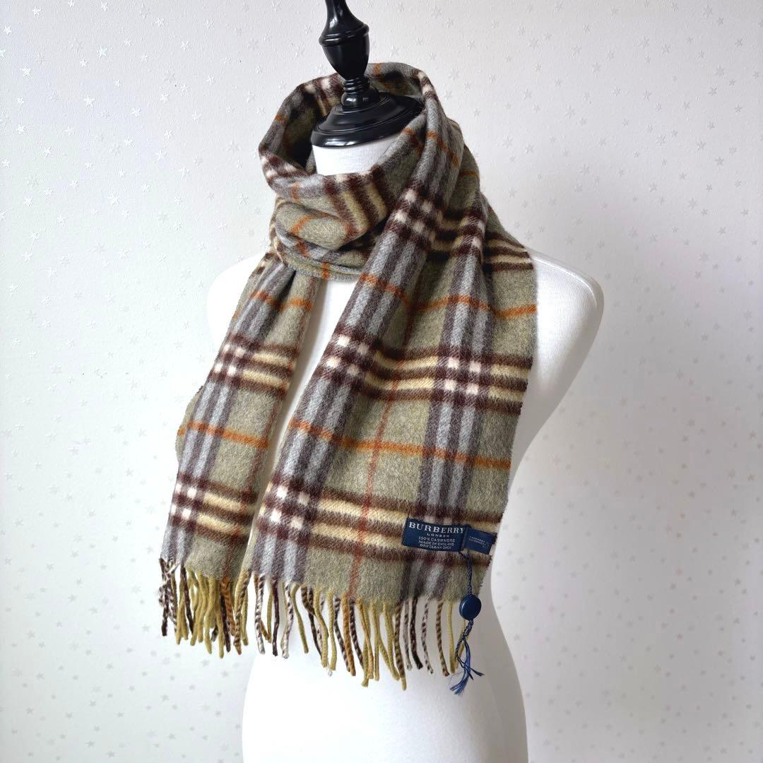 【未使用品】バーバリーロンドン　カシミヤ100%マフラー　グリーン　チェック柄