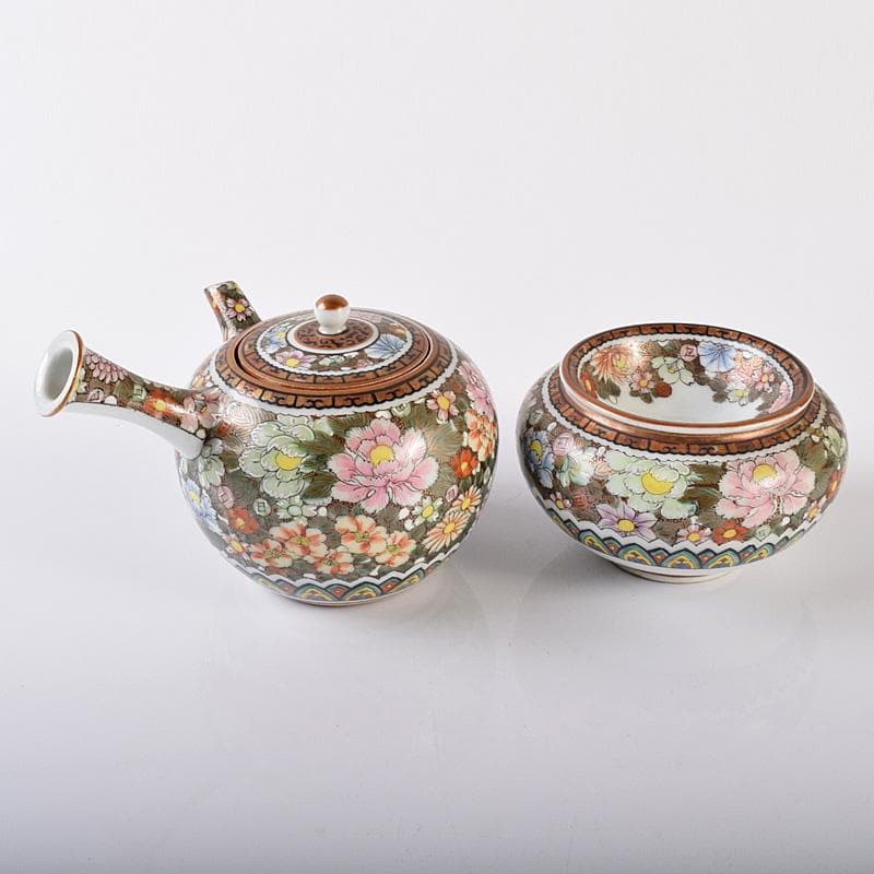 ぶりぶり煎茶道具　九谷焼　長寿造　色絵金彩　百花文　茶器揃　K　R8034