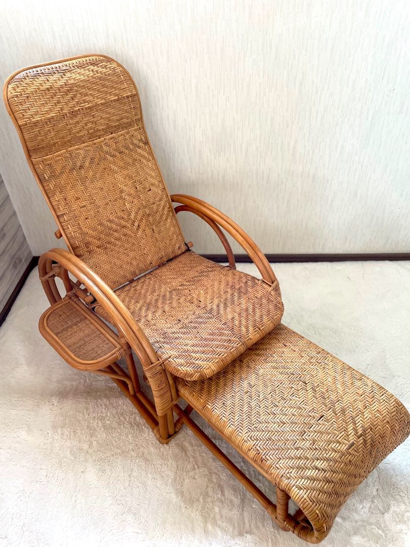 ꧁籐家具꧂ ラタン リクライニングチェア 籐　オットマン　折りたたみ