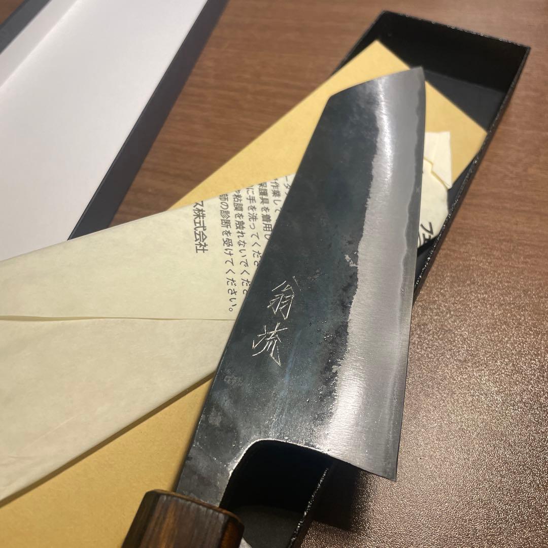 翁流 青ニ鋼 黒仕上げ 文化包丁 170mm 樫柄+仕上げの革　清助刃物