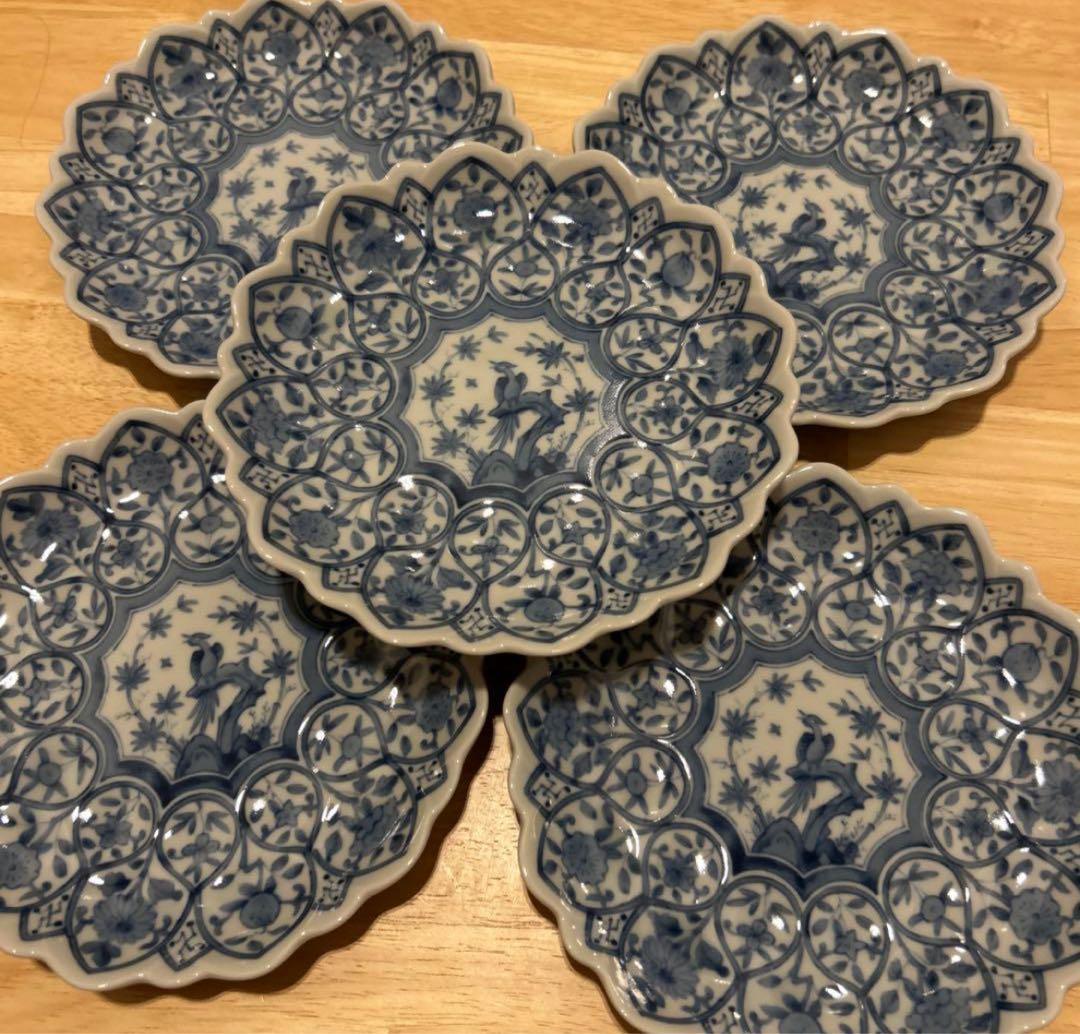 龍峯窯　有田焼　染付　更紗花鳥　花型　楕円　龍峰窯 染付間取花鳥 輪花皿5枚