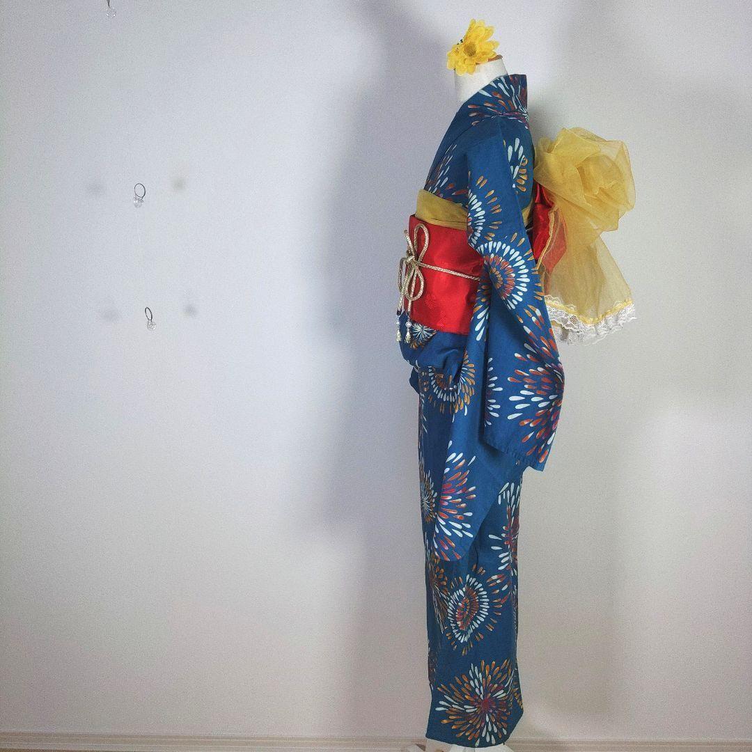 キッズ　子供　浴衣　130cm　女の子　ブルー　花火　作り帯　赤　　兵児帯　黄色
