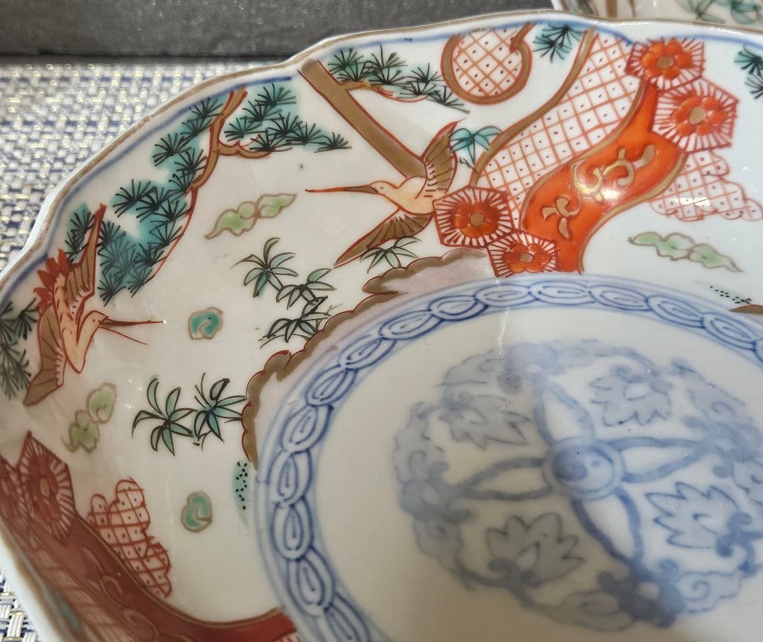 江戸時代末期〜明治　古伊万里　錦手　金彩色絵　松鶴図　金彩赤絵　大振なます皿2客