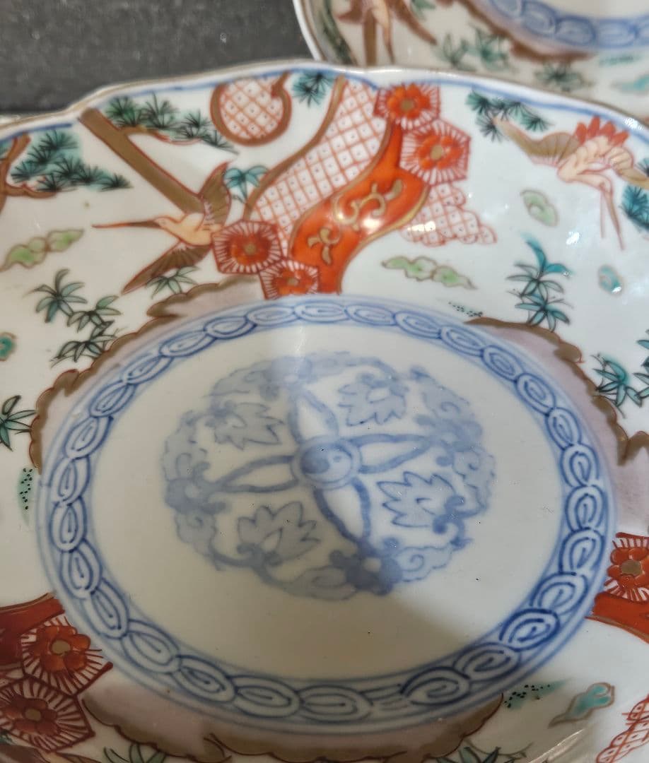 江戸時代末期〜明治　古伊万里　錦手　金彩色絵　松鶴図　金彩赤絵　大振なます皿2客