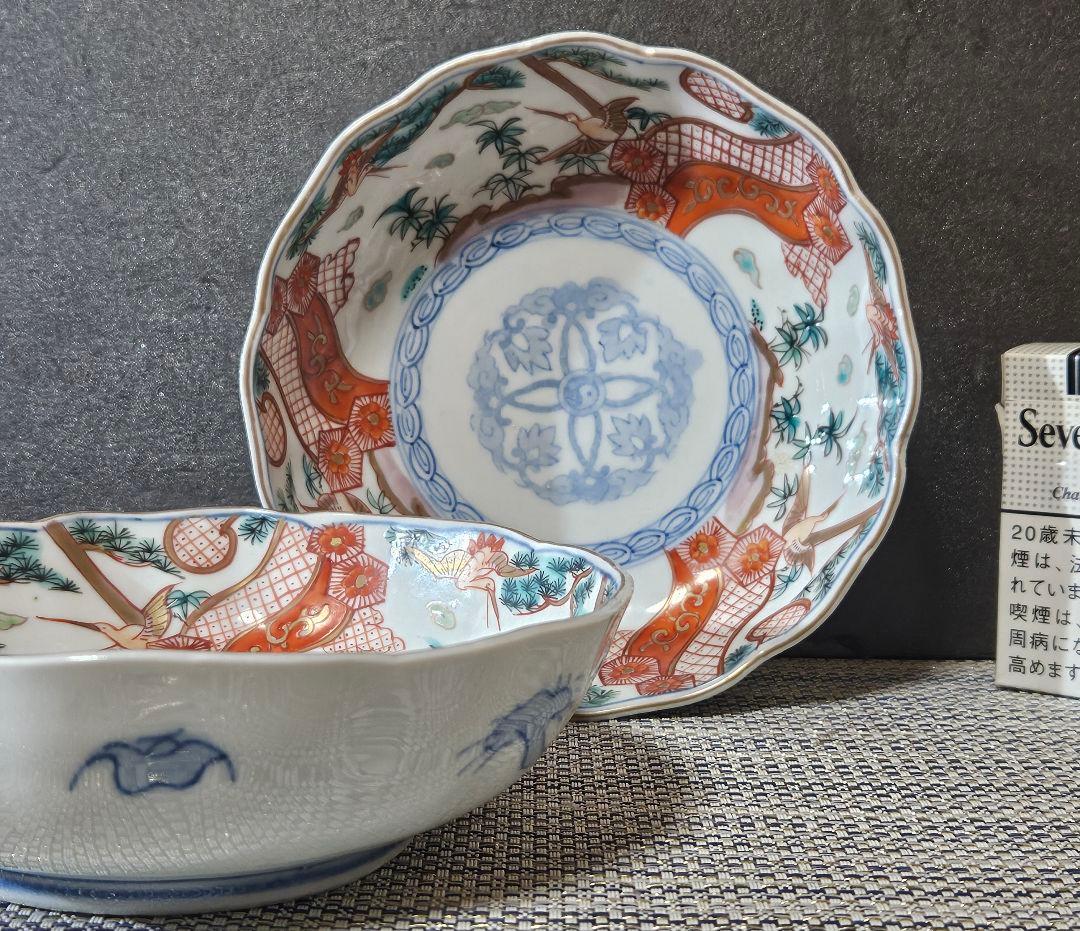 江戸時代末期〜明治　古伊万里　錦手　金彩色絵　松鶴図　金彩赤絵　大振なます皿2客