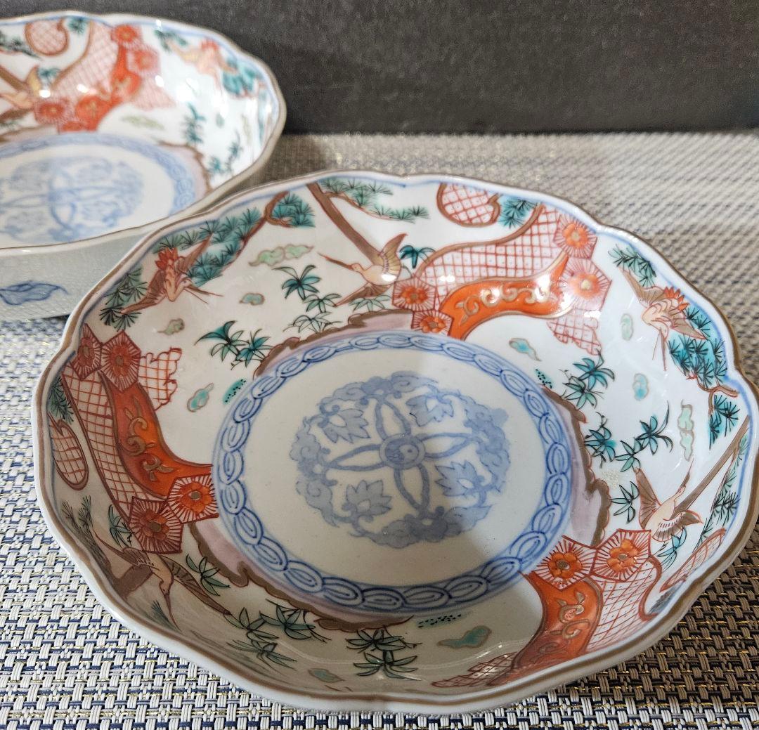 江戸時代末期〜明治　古伊万里　錦手　金彩色絵　松鶴図　金彩赤絵　大振なます皿2客