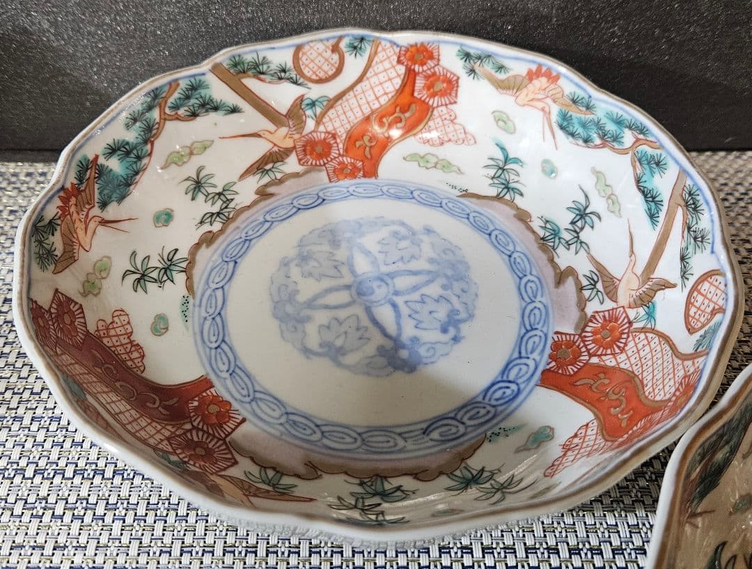 江戸時代末期〜明治　古伊万里　錦手　金彩色絵　松鶴図　金彩赤絵　大振なます皿2客