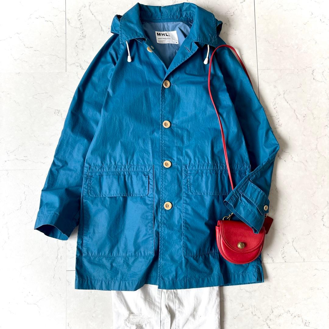 良品 MHL. コーティングコットン フーデッド スプリング ハーフコート 青