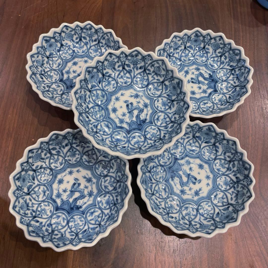 龍峰窯　花鳥図　染付　中鉢揃　5枚セット　中皿　輪花皿　古伊万里　更紗
