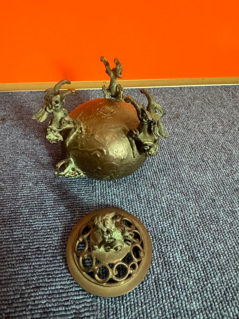 1817 高岡銅器　須賀七郎作　月芳　蝋型鋳銅　三獅子　香炉　時代物