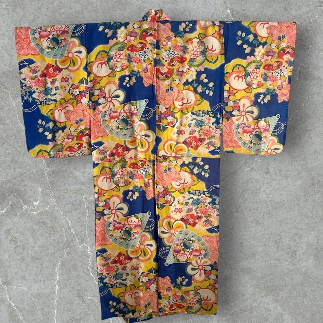 アンティーク　大正ロマン　レア　ターコイズブルーの着物