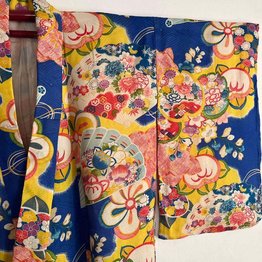 アンティーク　大正ロマン　レア　ターコイズブルーの着物