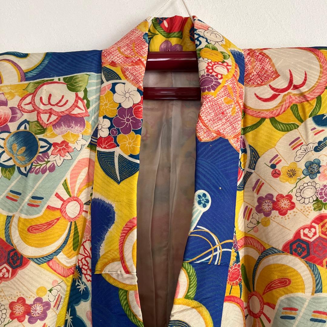 アンティーク　大正ロマン　レア　ターコイズブルーの着物