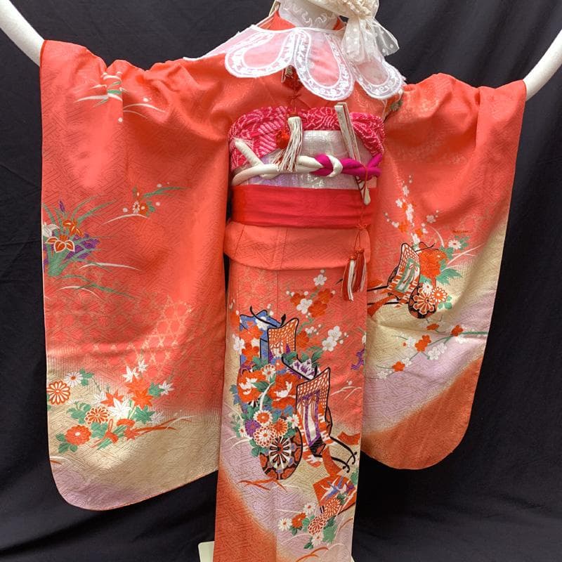 509ag5□七五三 七歳 女児 着物&袋帯 金彩 御所車 花文 ピンク□美品