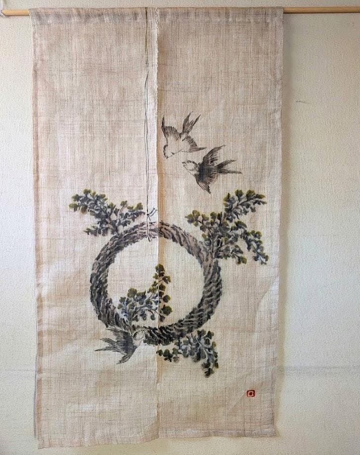 手描き麻暖簾【鳥と忍草】手染め のれん 巾81×144cm　一点物　アンティーク