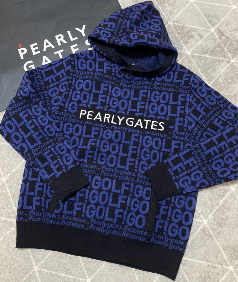 新品 パーリーゲイツ GOLF柄ジャガード ニット フーディ(5)サイズL/紺