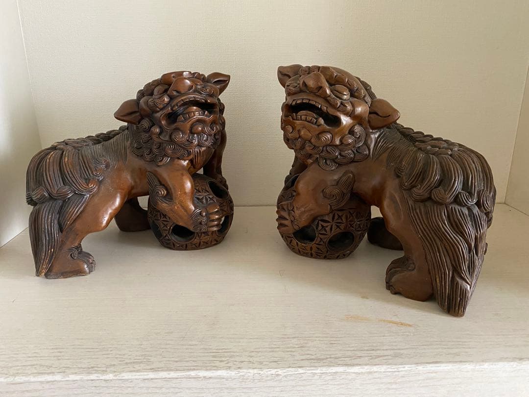 中国木彫りアンティーク 玉乗り獅子　2体