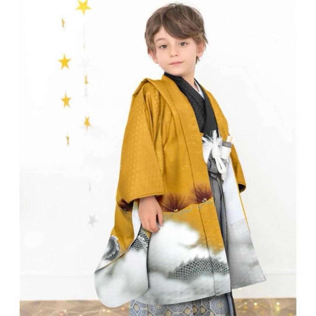 京越卸屋　七五三 着物セット 12点 鷹龍-金茶-藍鼠袴　男の子 5歳