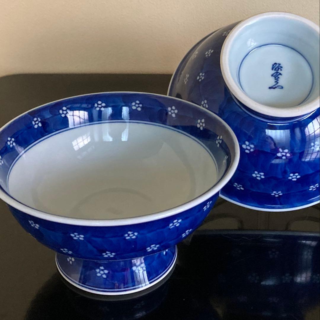 有田焼 源右衛門窯 染付梅地紋 高台 向付 盛鉢 飯碗 茶碗 2客