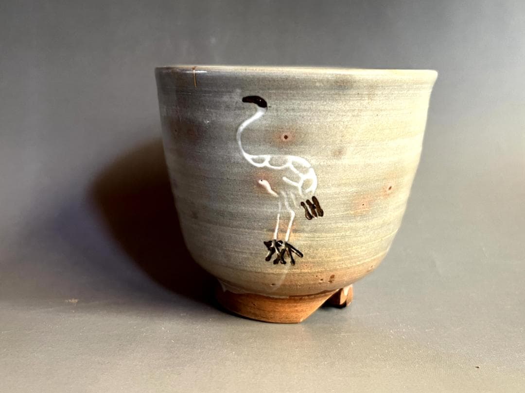 茶碗■古い筒茶碗 鶴 割高台 冬用 金継ぎ直し有 お茶道具 時代物 骨董品■