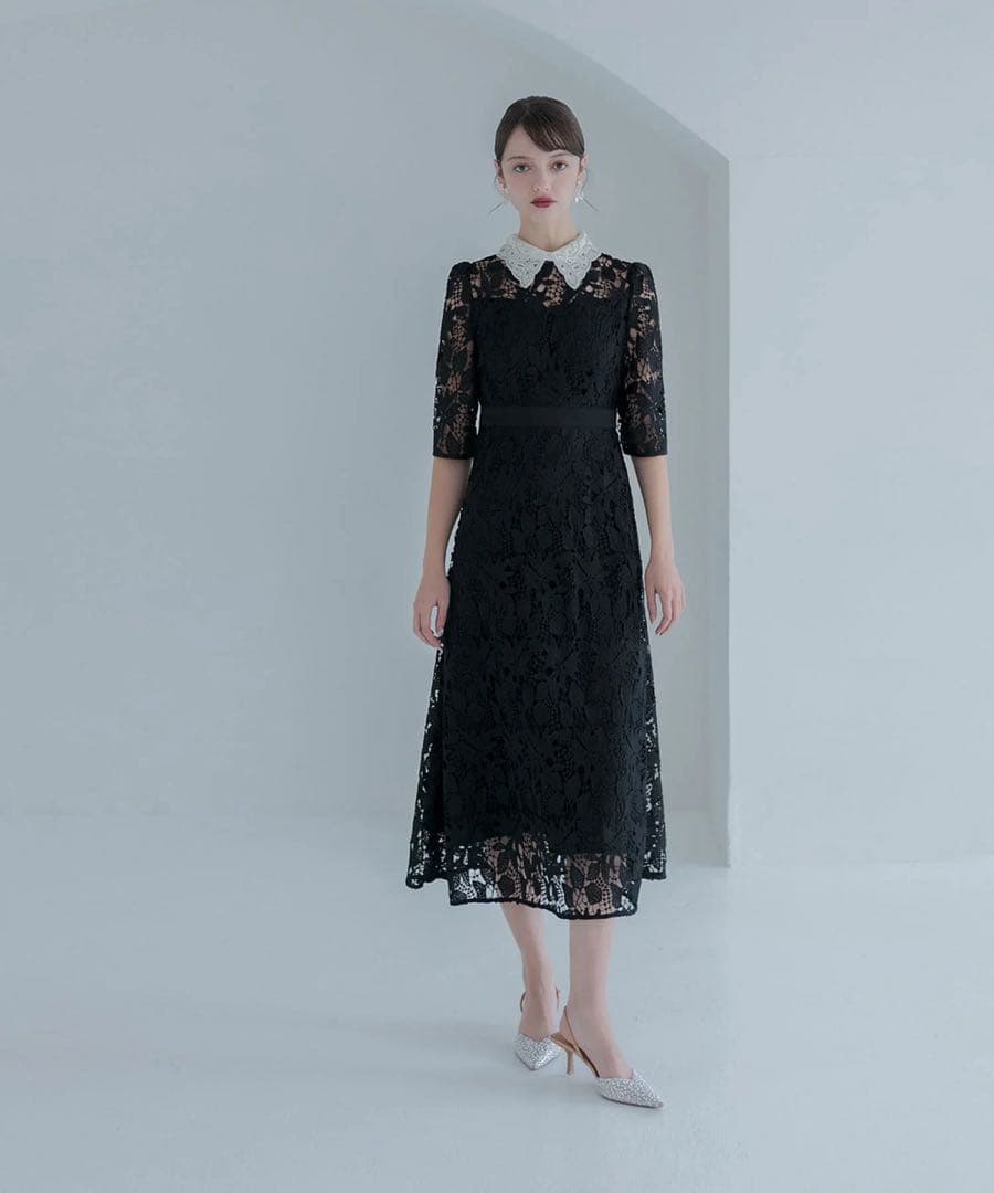 LEJA 花柄レースビジューカラーAラインワンピースドレス