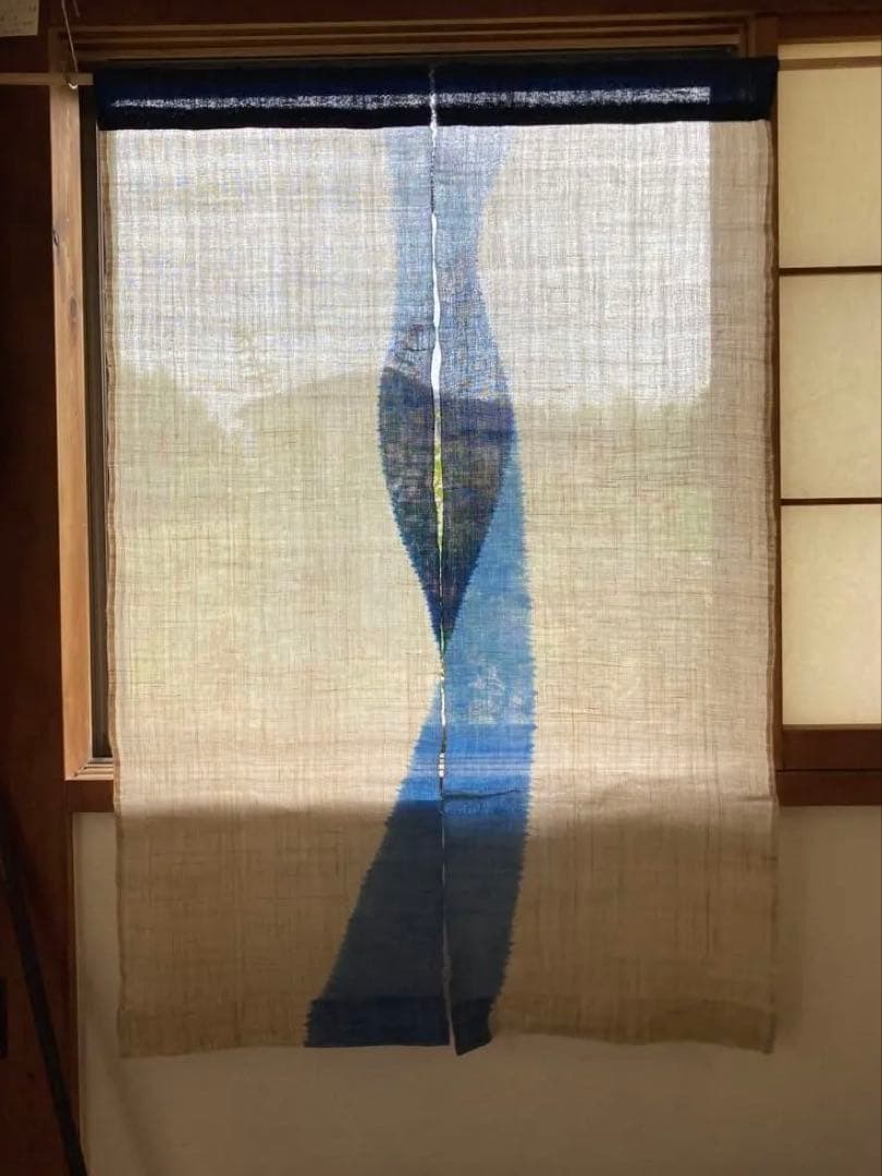 麻暖簾　のれん　手績み手織り　藍染　絞り染め
