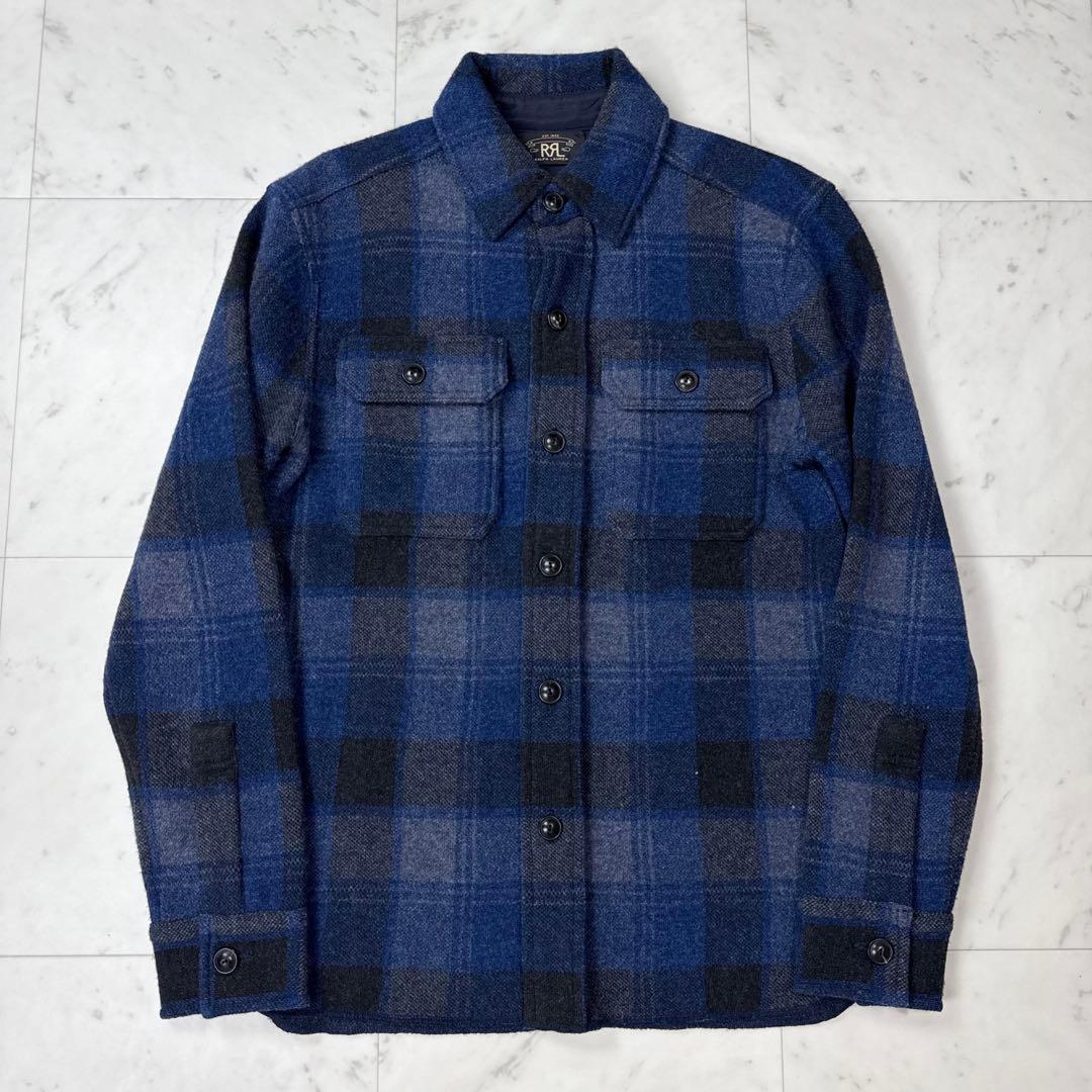 RRL カシミヤ ウール シャツジャケット バッファローチェック 青系 Sサイズ