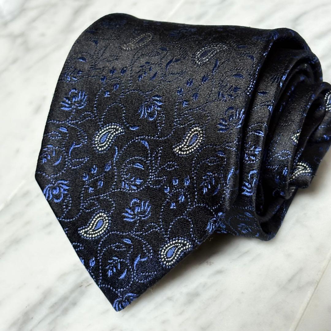 ETRO ネクタイ ブラック ネイビー 光沢 ペイズリー柄 ボタニカル柄