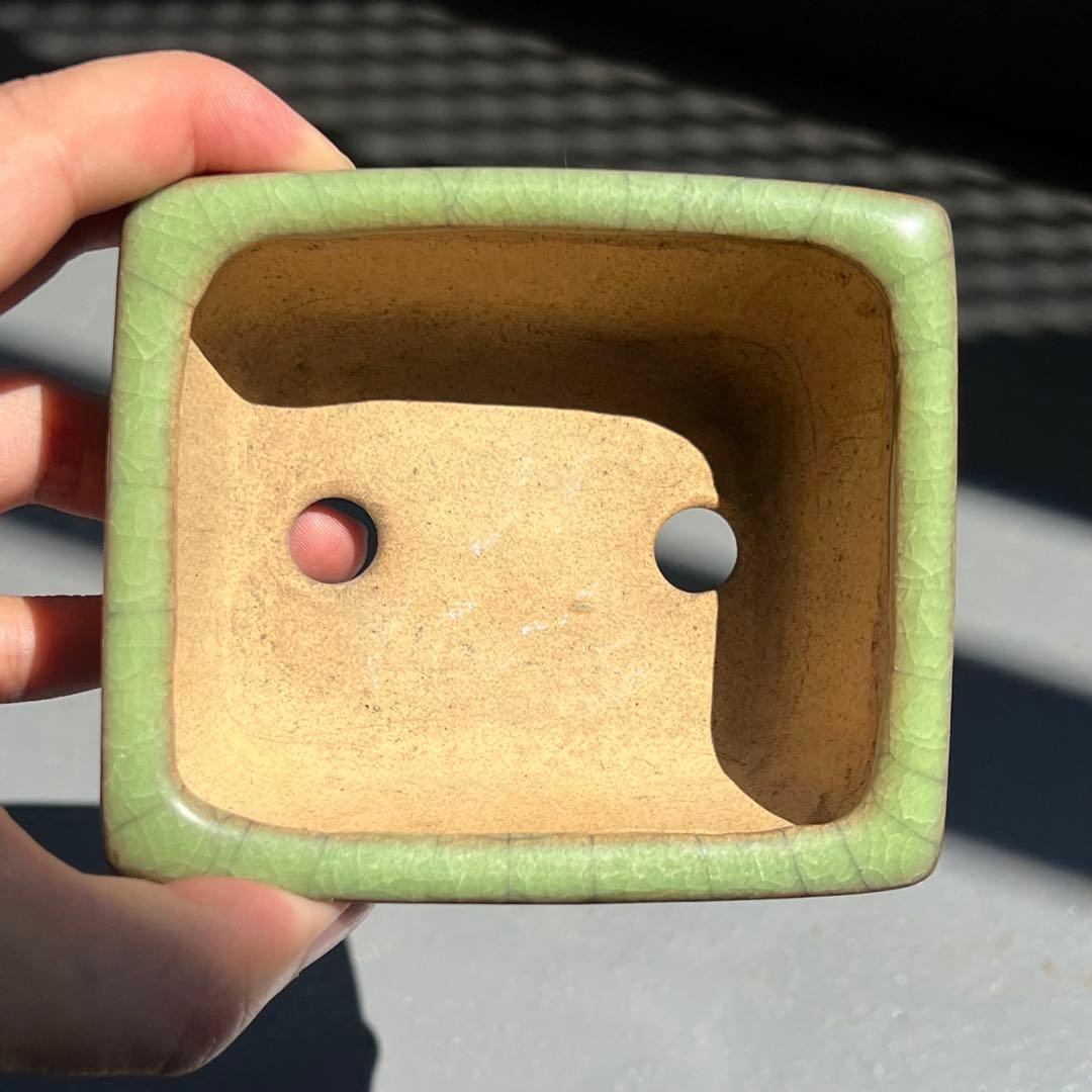 782.暁雲 緑貫入釉長方 盆栽鉢 植木鉢 10*8.7*4.2cm