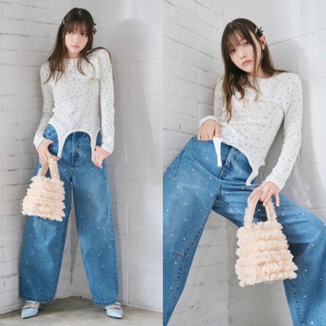 リリーブラウン　ハートビジューワイドデニムパンツ