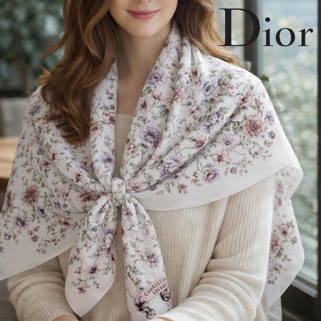 【極美品】クリスチャンディオール シルク100% 大判スカーフ 花柄 イタリア製