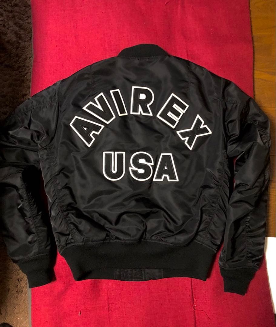 美品AVIREX MA-1フライトジャケット黒Ｍコマーシャルロゴデカアーチロゴ