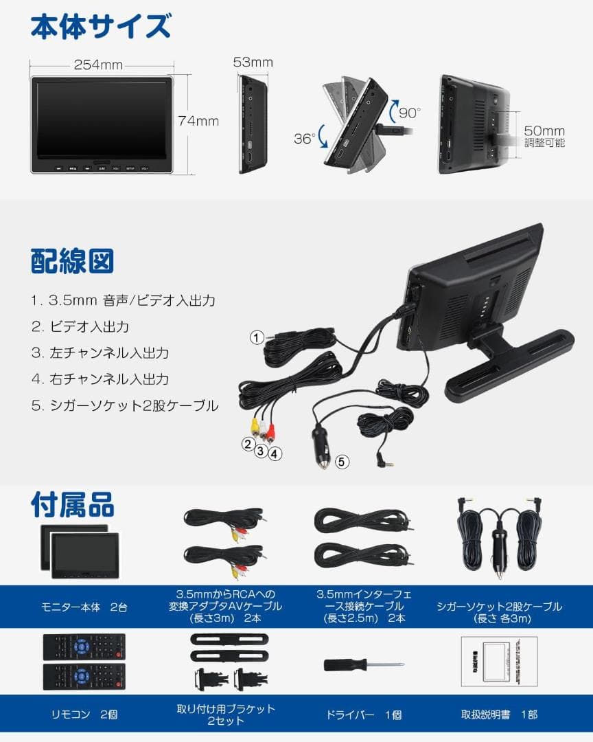 EONON DVDプレイヤー ヘッドレストモニター 2個セット 10.1インチ