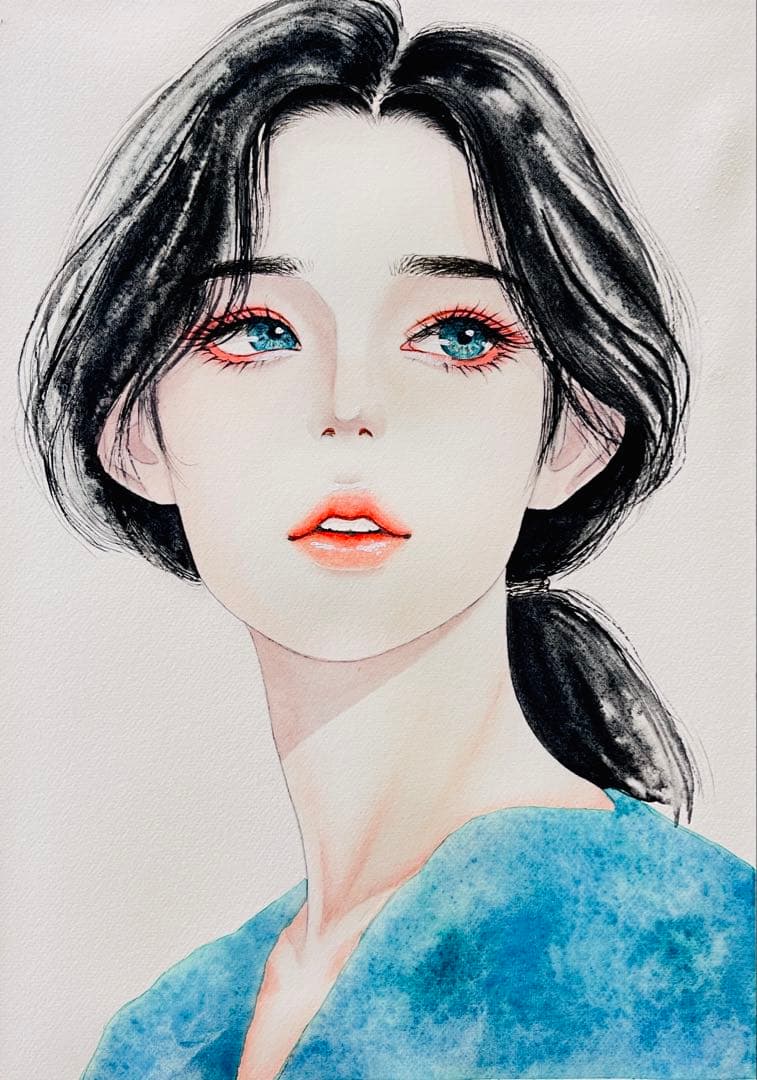 手描きイラスト　水彩原画　青色瞳の女の子318