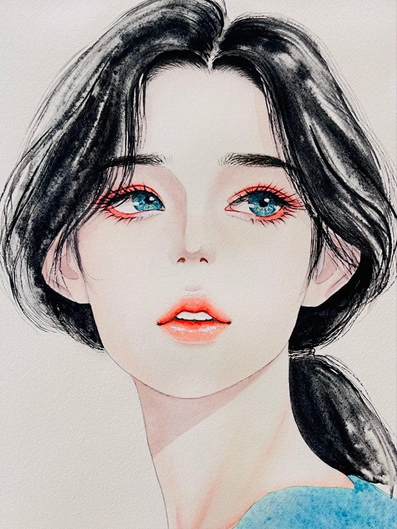 手描きイラスト　水彩原画　青色瞳の女の子318