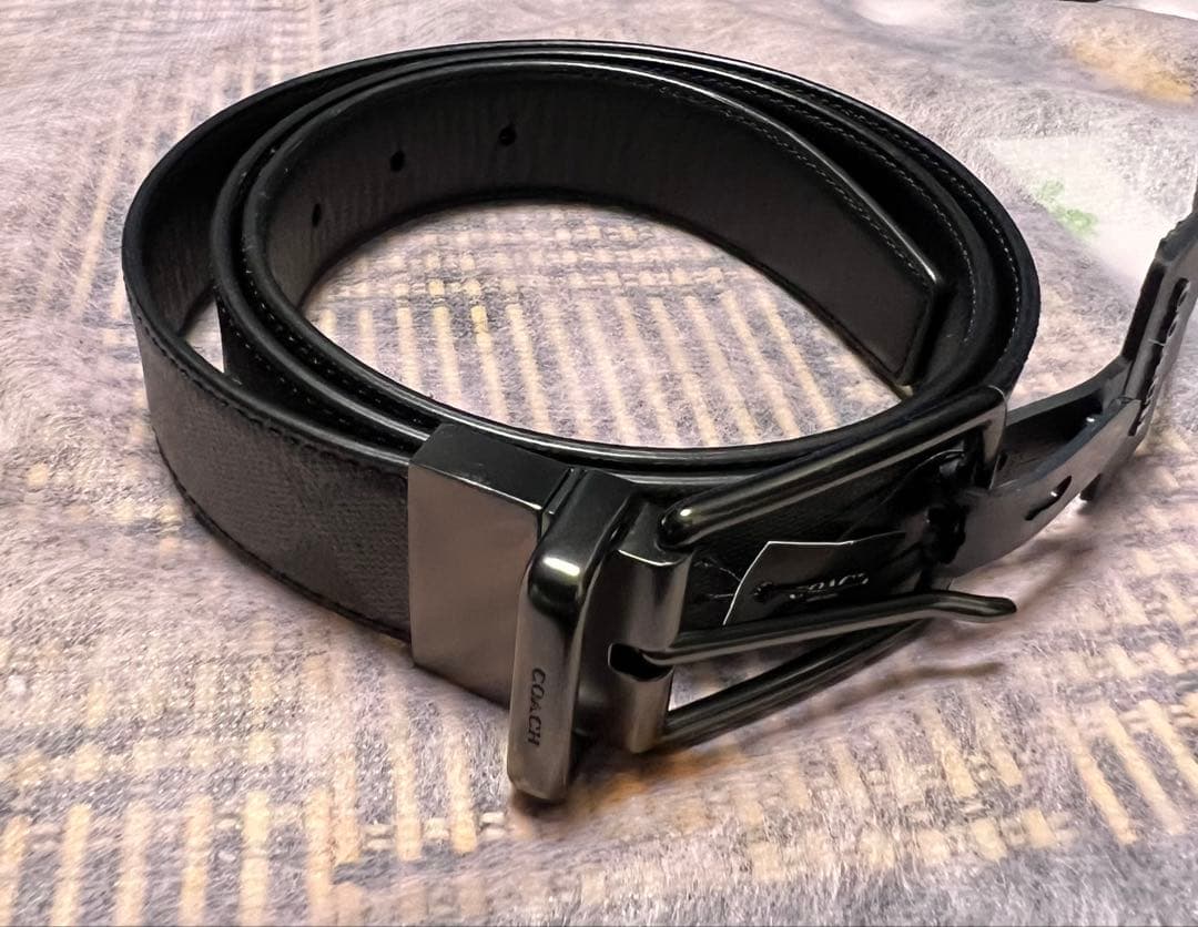新年特売‼️COACH チャコールグレー×ブラック　シグネチャーロゴ　ベルト