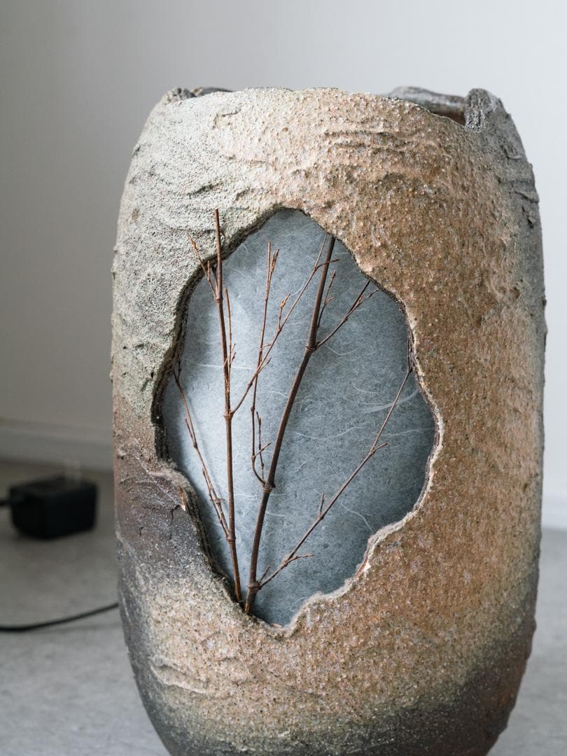 和モダン 信楽焼 つくばい照明 灯り オブジェ 陶器　ライト 什器